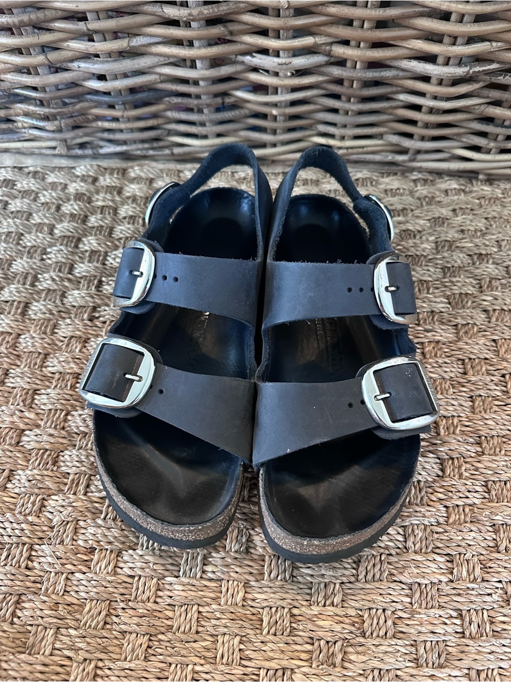 Birkenstock Black Double-Buckle Leather Sandals with Silver Buckles
